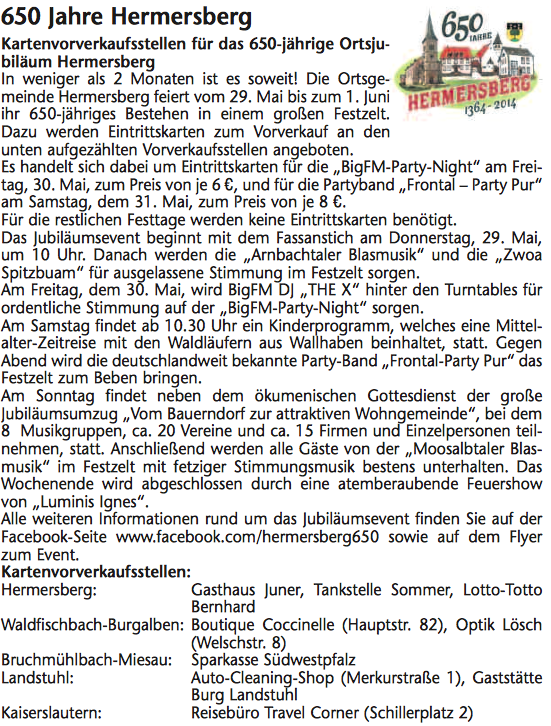 Kartenvorverkaufsstellen für das 650-jährige Ortsjubiläum Hermersberg